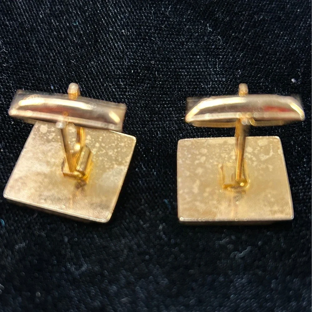 Vintage Gold Tone Textured Square Cufflinks and Tie Tack Set Blue Rhinestones